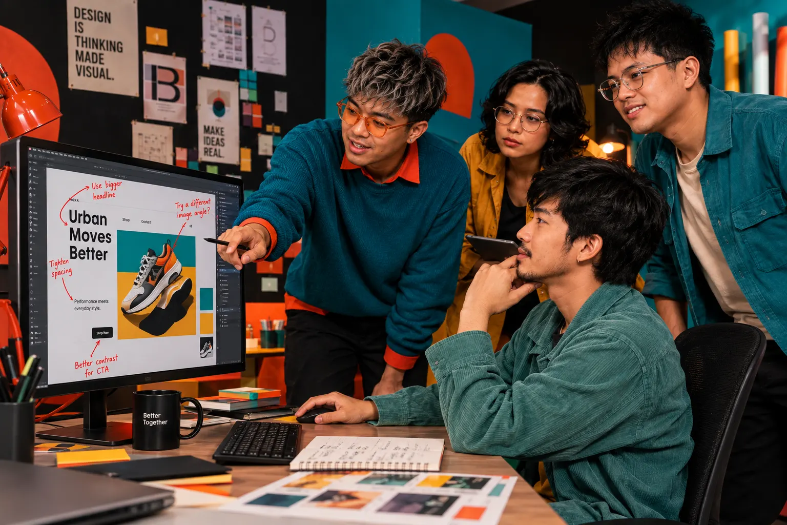 A designer reviewing an AI-generated draft with markup and comments