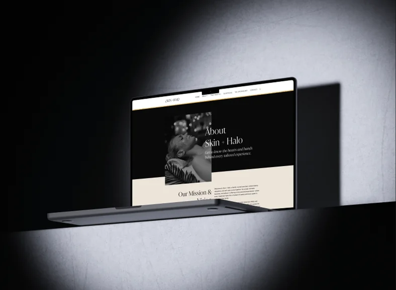 About Skin-Halo page on laptop under spotlight