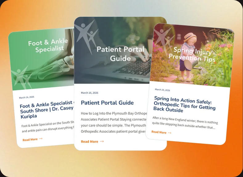 Mobile cards for Foot & Ankle Specialist, Patient Portal, and Spring Injury Tips