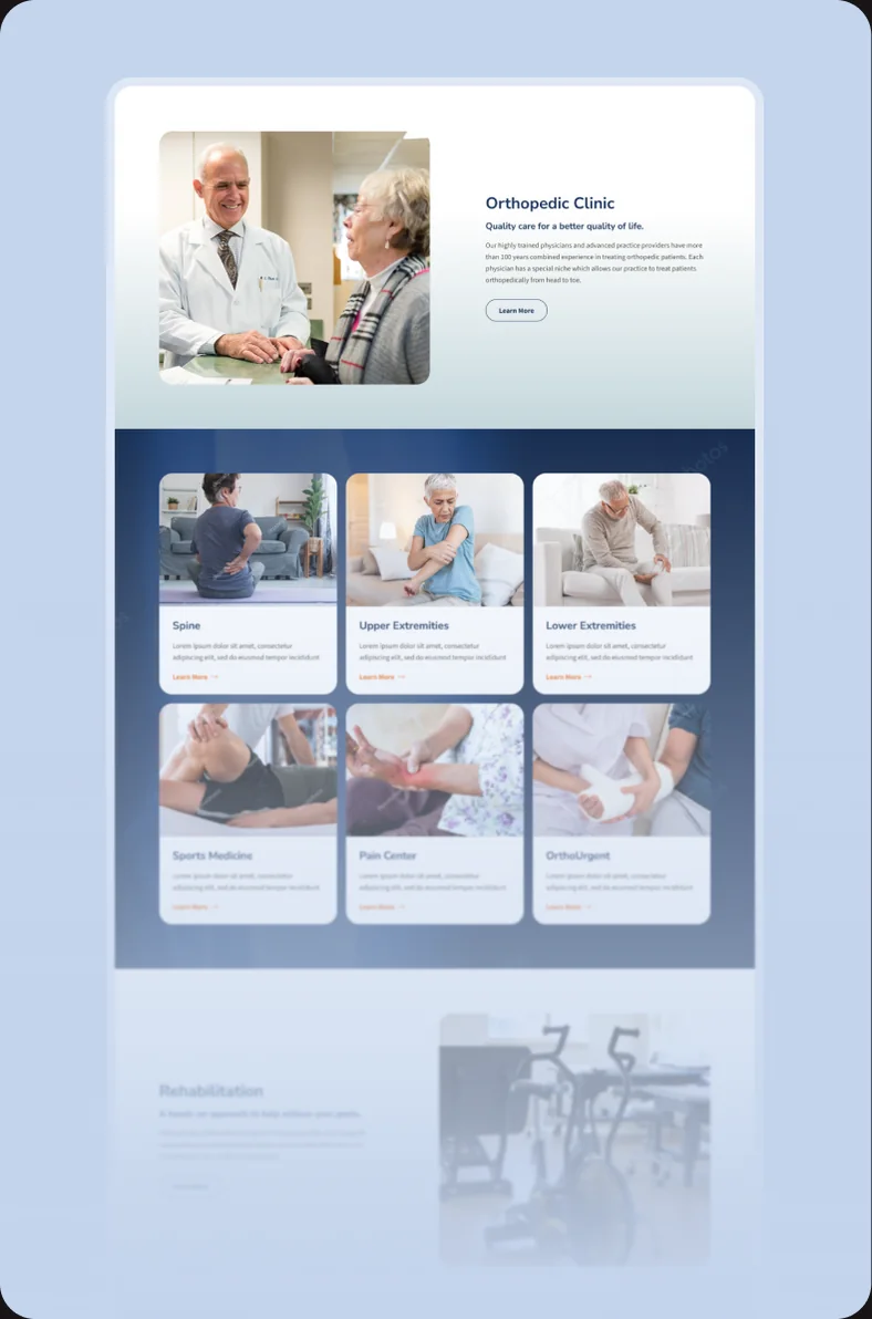 Orthopedic clinic website page scrolling in a tall card