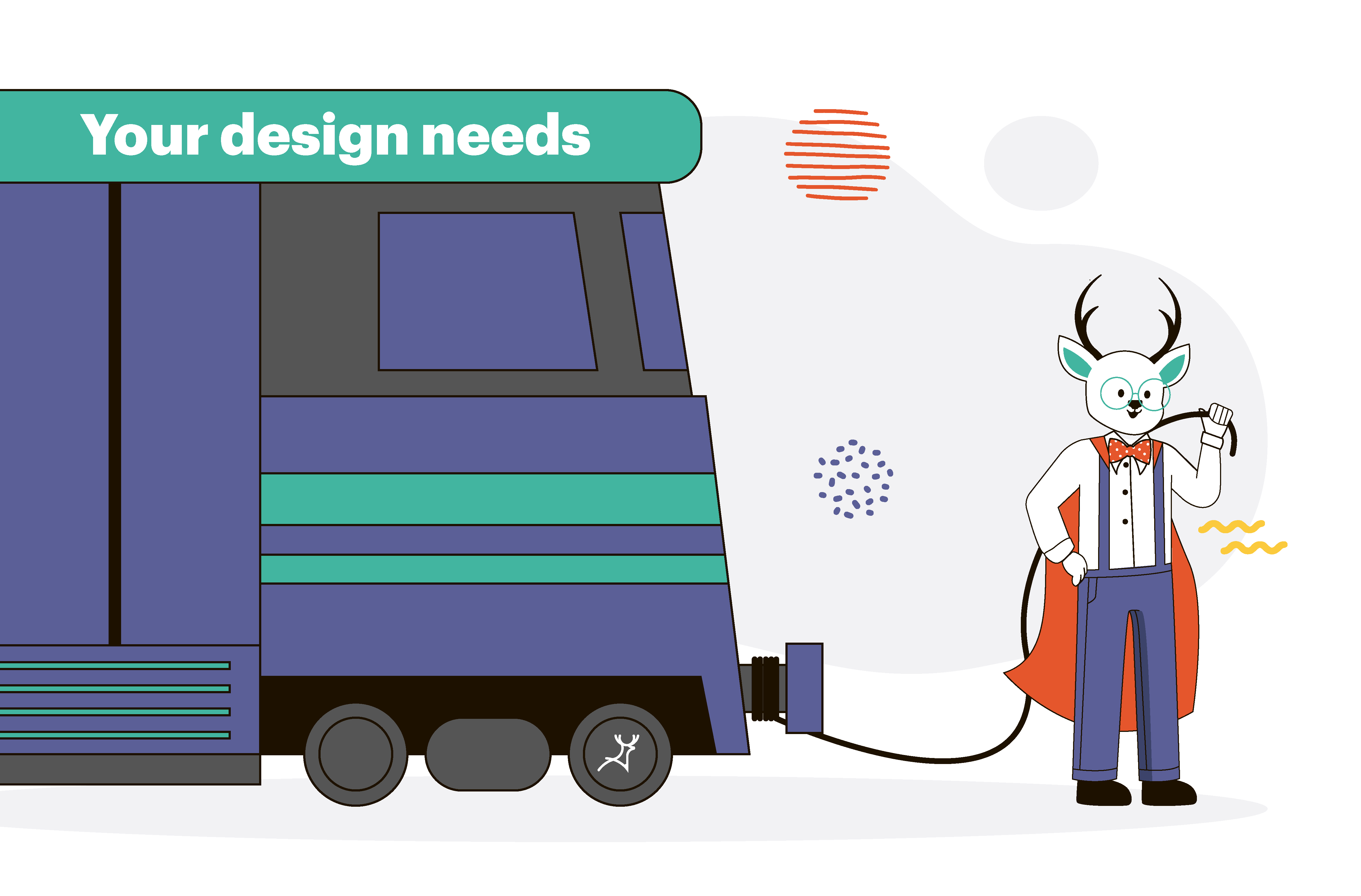 Deer Designer mascot carrying pulling train design needs