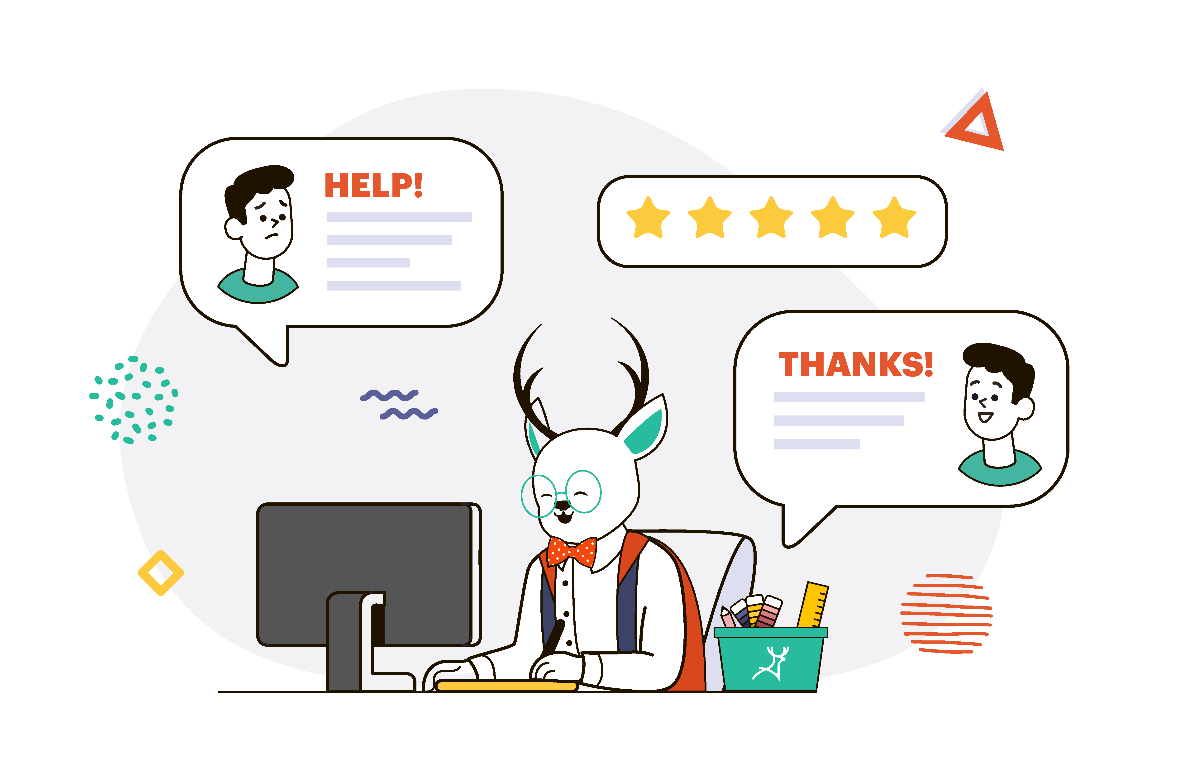 Deer Designer mascot helping business people