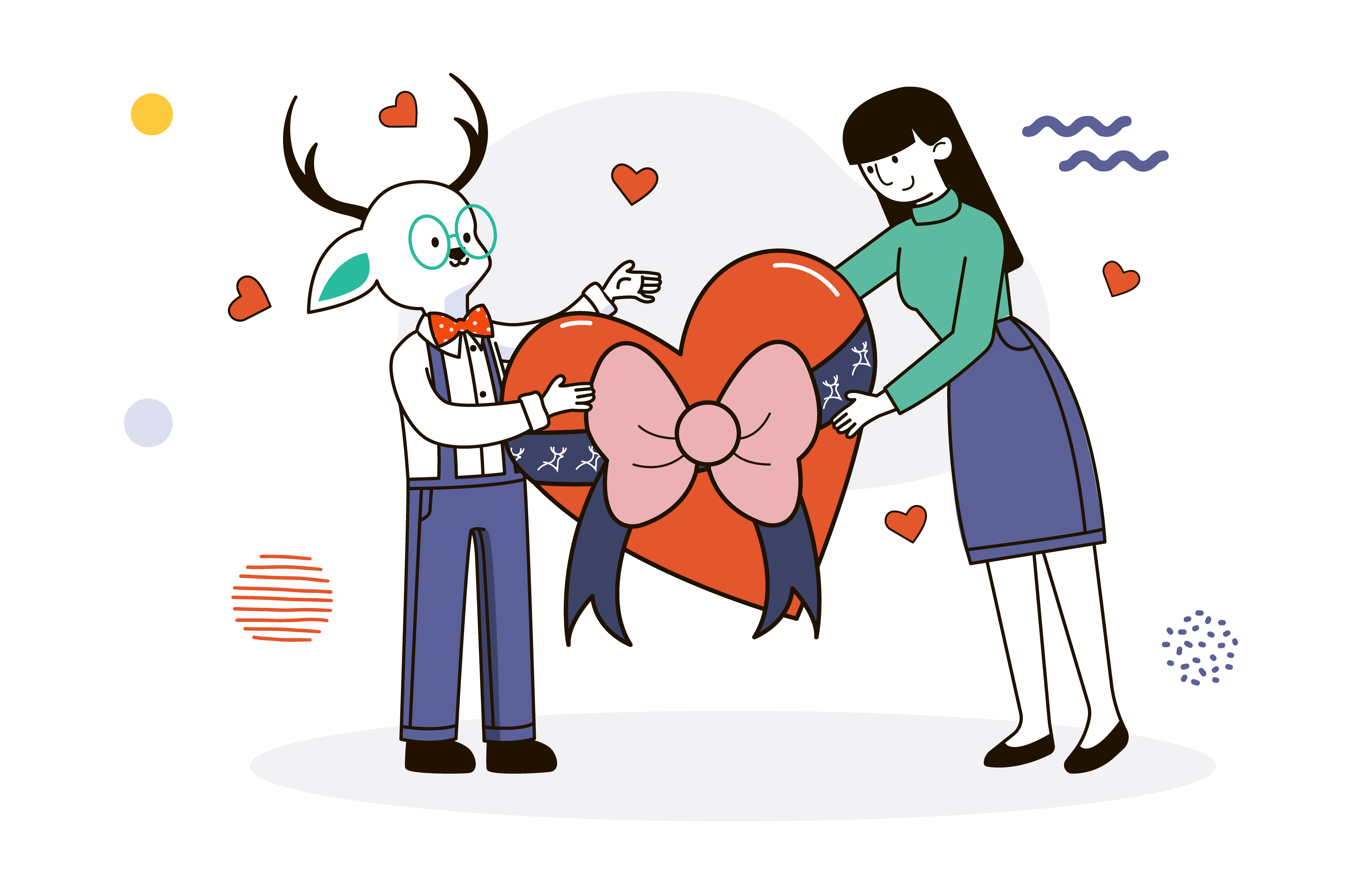Deer Designer mascot giving valentines gift heart to client