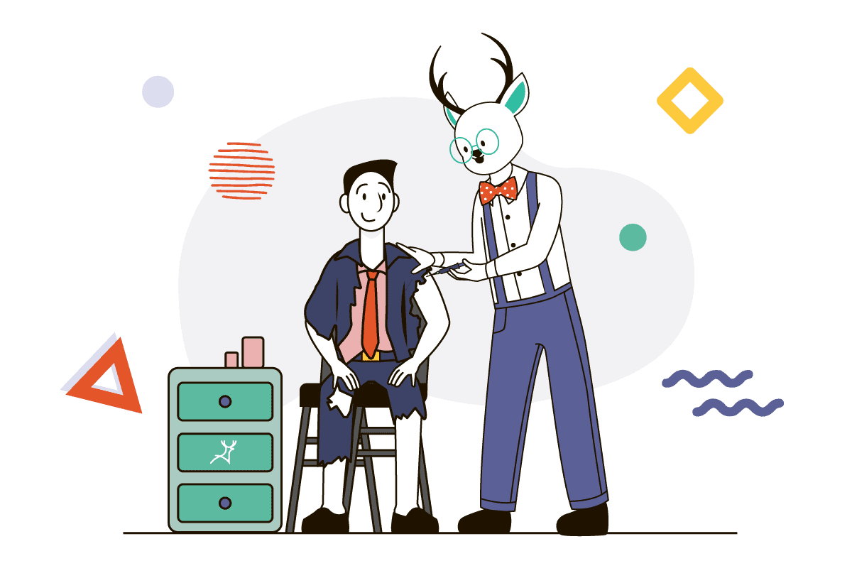 Deer Designer mascot injecting vaccine on human