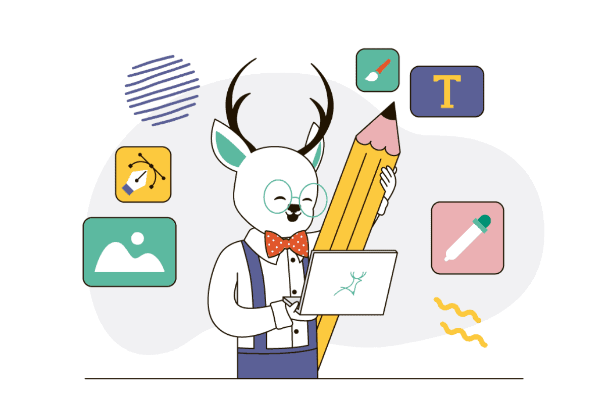 deer designer mascot holding laptop illustration