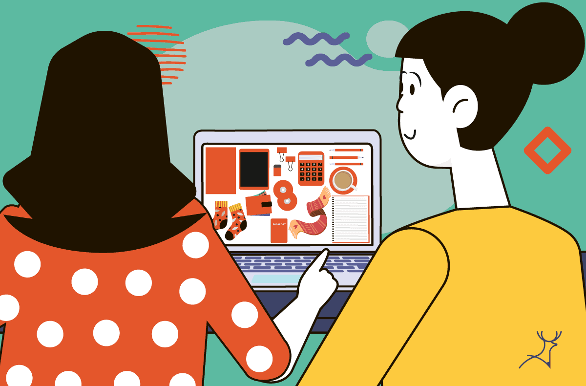 two girls looking at laptop screen cartoon