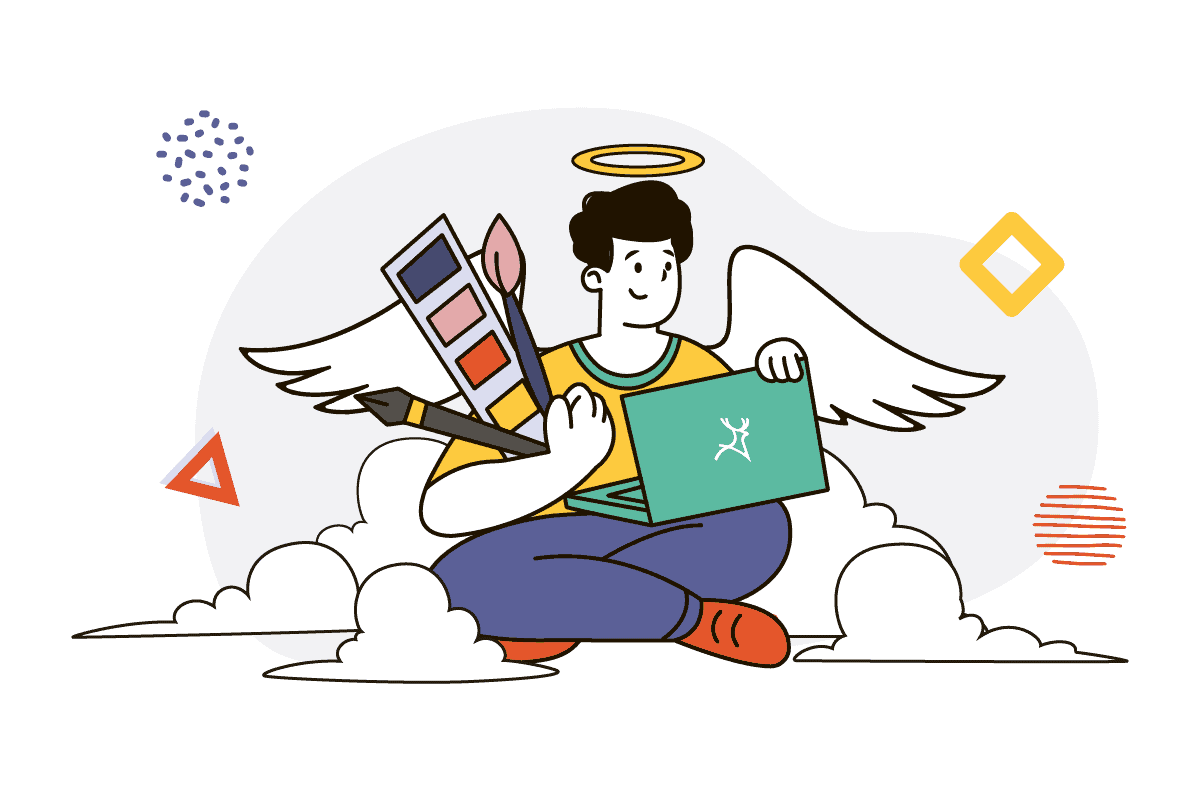 designer with art tools and angel wings