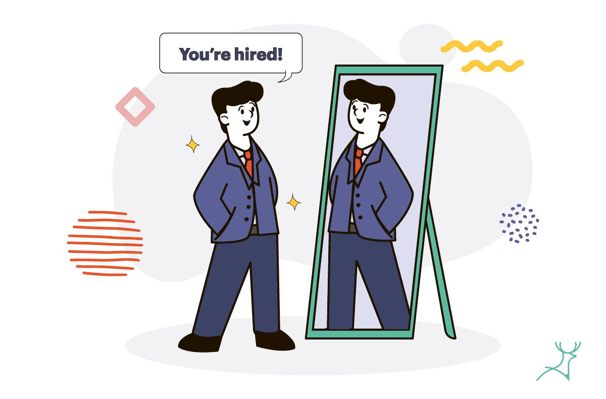 corporate man talking to himself in the mirror